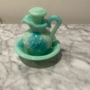 Vintage AVON Victoriana Pitcher Cruet & Bowl Set Aqua Mint Blue Green Slag Glass